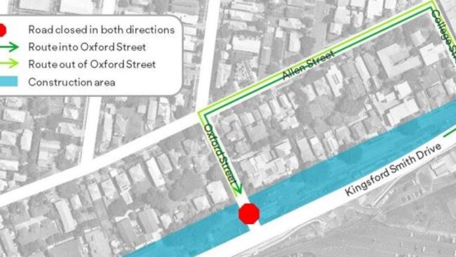 Oxford St at Kingsford Smith Drive will close for up to two months from July 18, with alternative access via College St. Picture: Lendlease