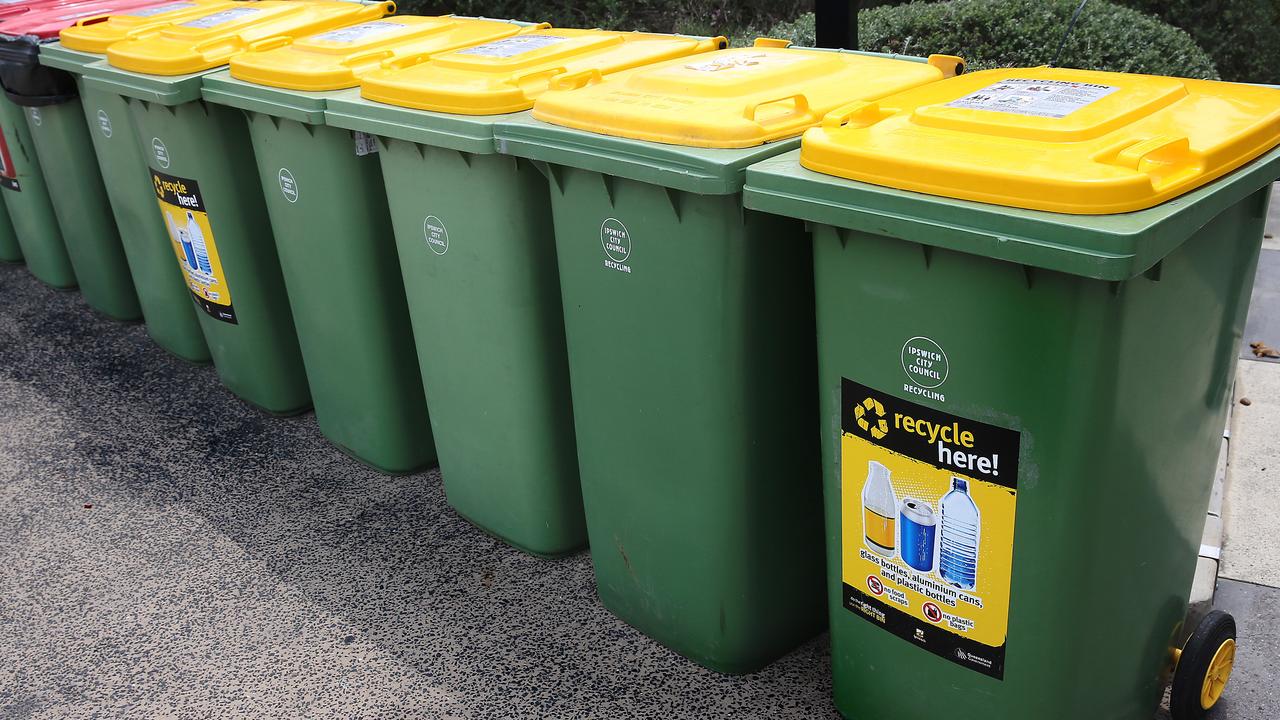 General rubbish and recycling bins waiting for collection in Springfield Central. Picture: Patria Jannides
