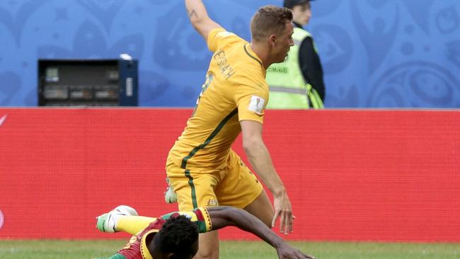 Socceroos fullback Alex Gersbach in action against Cameroon on Friday morning.
