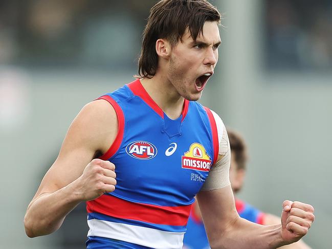 LAUNCESTON, AUSTRALIA - AUGUST 21: Sam Darcy of the Bulldogs celebrates kicking a goal during the round 23 AFL match between the Hawthorn Hawks and the Western Bulldogs at University of Tasmania Stadium on August 21, 2022 in Launceston, Australia. (Photo by Mark Metcalfe/AFL Photos/via Getty Images)