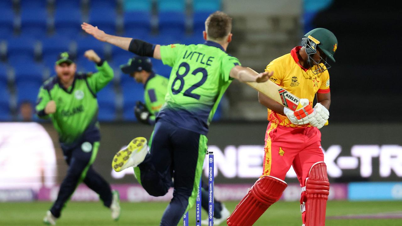 Josh Little celebrates a wicket against Zimbabwe. Picture: AFP