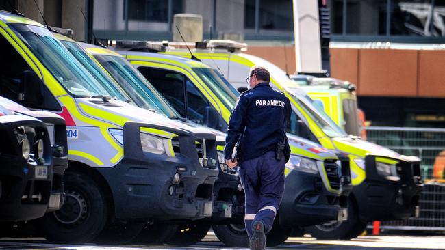 A row of ambulances at Melbourne’s Sunshine Hospital on Sunday.Picture: NCA NewsWire / Luis Enrique Ascui