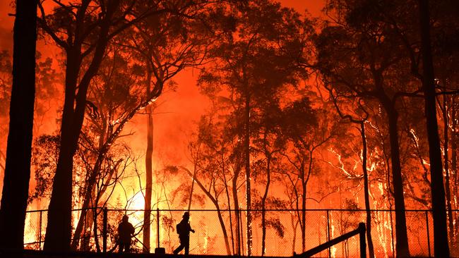 RFS volunteers and NSW Fire and Rescue officers protect the Colo Heights Public School in November 2019. Picture: AAP