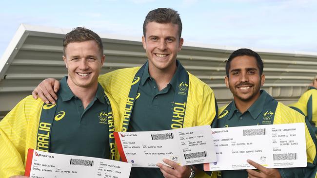 Henry Hutchison, Nick Malouf and Maurice Longbottom after being named in the Australian Rugby Sevens team in early July.