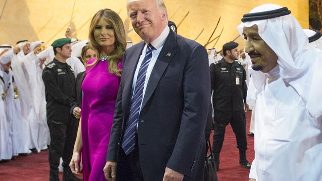 In Saudi Arabia, first lady Melania Trump accompanied by President Trump and King Salman bin Abdulaziz al-Saud did not wear a headscarf. Picture: AFP.