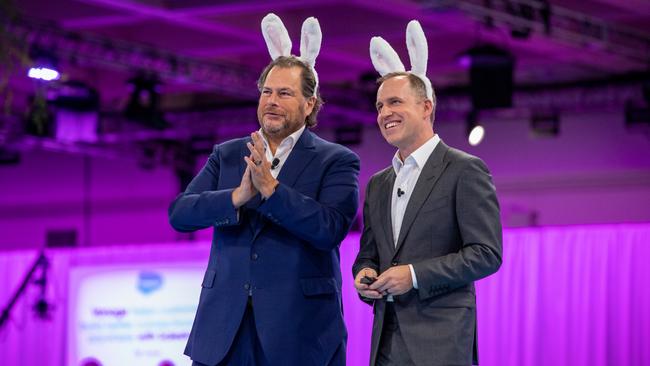 Salesforce co-chief executives Bret Taylor and Marc Benioff at the world’s largest tech conference Dreamforce in San Francisco in September. Picture: Salesforce / Jakub Mosur