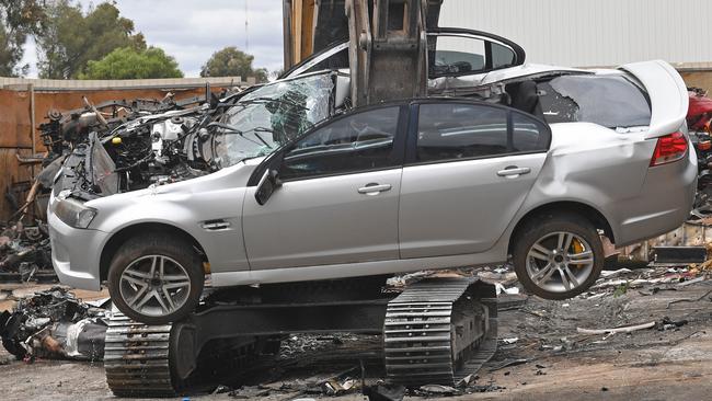 A hoon driver’s car is crushed at Wingfield. Picture: Tom Huntley