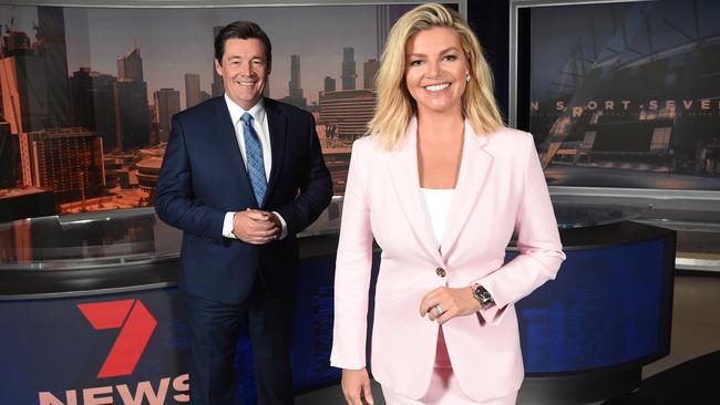 Mike Amor and Rebecca Maddern on set. Picture: Josie Hayden