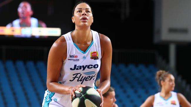 CAIRNS, AUSTRALIA - NOVEMBER 29: Liz Cambage of the Flyers shoots during the round three WNBL match between the Adelaide Lightning and the Southside Flyers at Cairns Pop Up Arena, on November 29, 2020, in Cairns, Australia. (Photo by Chris Hyde/Getty Images)