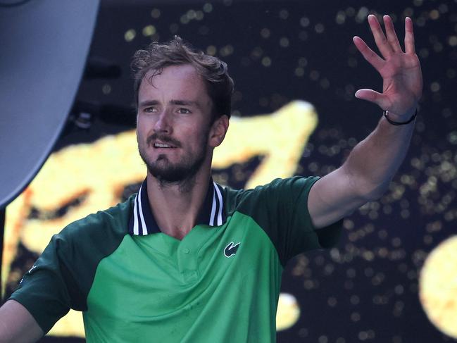 Russia's Daniil Medvedev celebrates victory against against Portugal's Nuno Borges during their men's singles match on day nine of the Australian Open tennis tournament in Melbourne on January 22, 2024. (Photo by David GRAY / AFP) / -- IMAGE RESTRICTED TO EDITORIAL USE - STRICTLY NO COMMERCIAL USE --