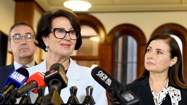 Premier Steven Marshall, Attorney-General Vickie Chapman &amp; Minister Rachel Sanderson at Old Parliament House for a press conference in February Picture: Naomi Jellicoe