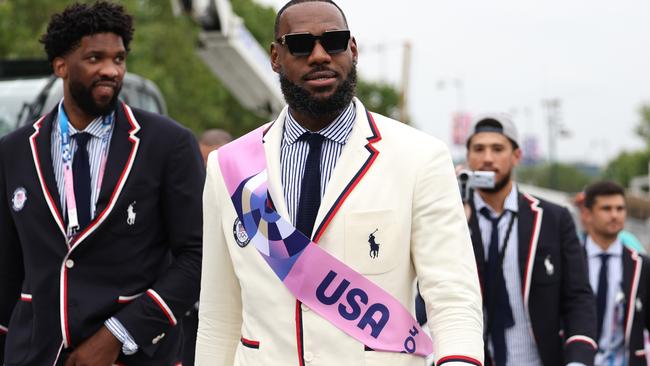 PARIS, FRANCE - JULY 26: Lebron James, Flagbearer of Team United States, looks on prior to the opening ceremony of the Olympic Games Paris 2024 on July 26, 2024 in Paris, France. (Photo by Quinn Rooney/Getty Images)