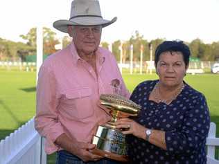 Warwick Polocrosse Club president Les Fraser and treasurer Robyn Fraser with the World Cup. Picture: Gerard Walsh