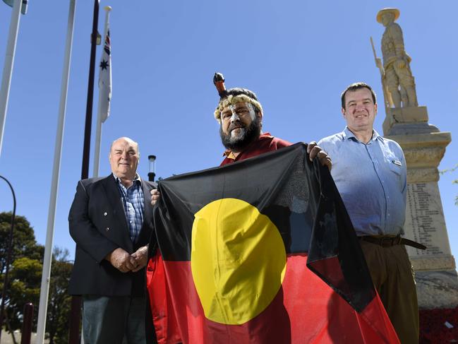 Indigenous elder Tamaru Kartinyeriwith Blackwood RSL’s Phil Cotton and Mitcham councillor Darren Kruse at the War Memorial in Blackwood. Picture: Naomi Jellicoe