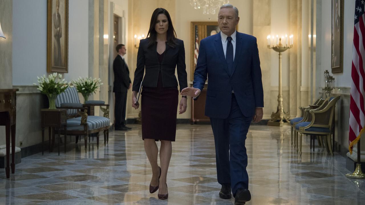 Neve Campbell and Kevin Spacey in Netflix series, House Of Cards.