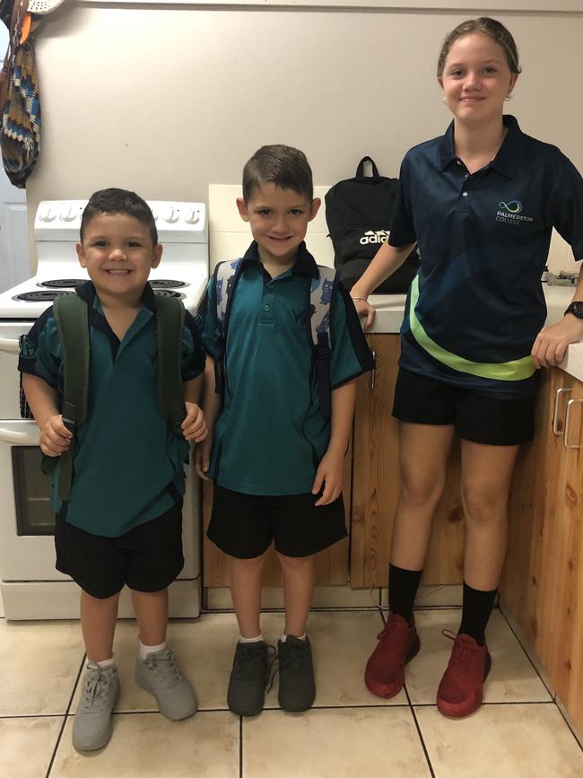 First day back at school for Jesse Hanlon (Year 1), Maximus Hanlon (Year 3), and Grace Wear (Year 7). Picture: Gemma Hanlon
