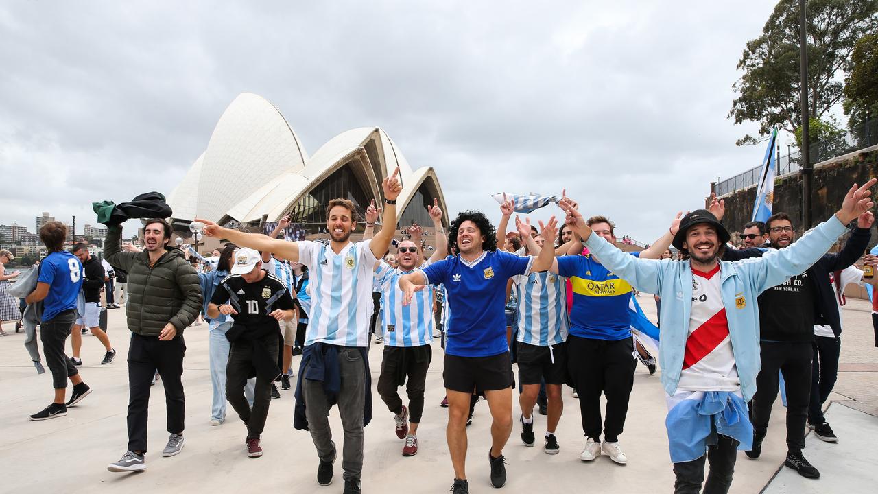 Cheers and celebrations could be heard across Sydney Harbour, as fans flocked to the Sydney Opera House to watch the game. Photo: NCA NewsWire/Gaye Gerard