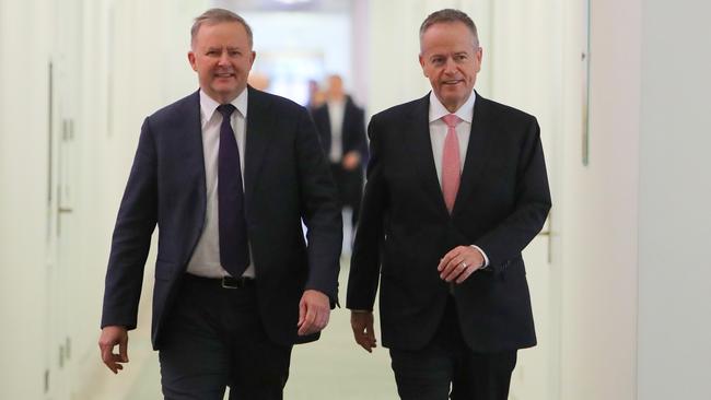 Opposition Leader Anthony Albanese with former leader Bill Shorten en route to the Caucus meeting at Parliament House in Canberra. Picture: Kym Smith