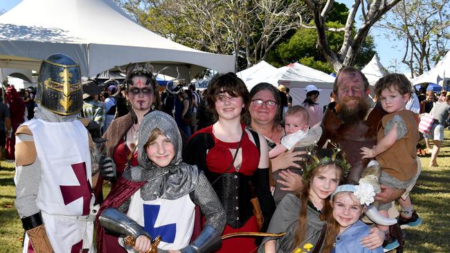Townsville Medieval and Fantasy Festival 2024 at Cluden. Arthur and Jodie Toms from Bowen with Maddison, 16, Indianna, 15, Ethan, 13, Xander, 11, Letty , 8, Wyonna, 6, Gabriel, 2, and Archer, 6 months. Picture: Evan Morgan