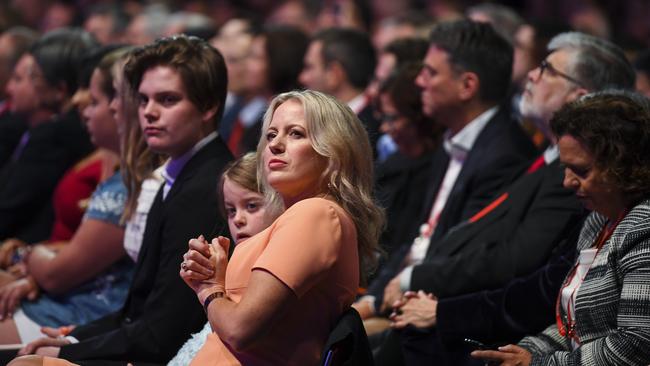 Chloe Shorten listens as her husband, Opposition leader Bill Shorten, speaks at the Labor national conference yesterday. Picture: AAP