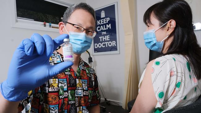 Geelong GP Dr Ern Chang with a dose of the Covid vaccine. Picture: Mark Wilson