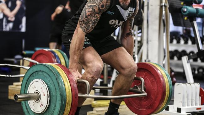 Hartlett working out in the gym 10 weeks after his surgery from an ACL injury. Picture SARAH REED