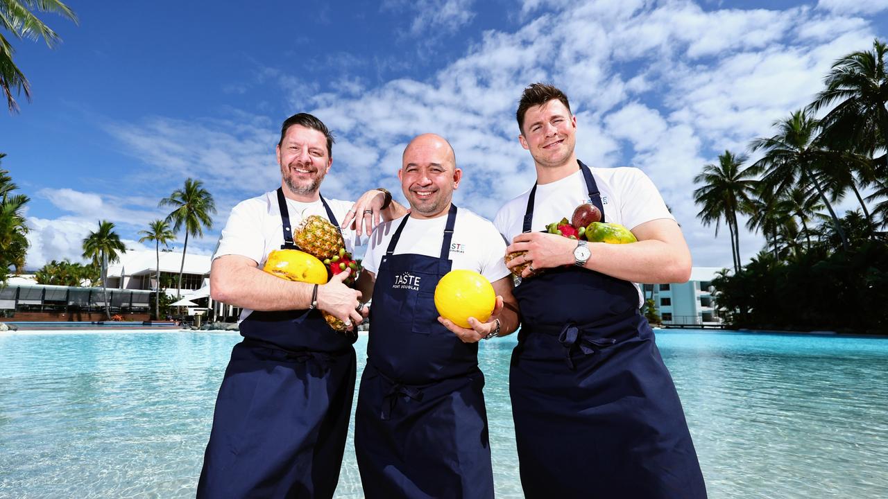 Far North Queensland's favourite foodie festival is on again this weekend, when Taste Port Douglas brings the best chefs from across Australia and the Asia Pacific to the coastal town. TV presenter and chef Manu Feildel, Adam D'Sylva of Decca restaurant Melbourne and Max Sharad of Fugazzi and Nido restaurants in Adelaide are ready to put a tropical twist to their culinary skills at this year's Taste Port Douglas. Picture: Brendan Radke