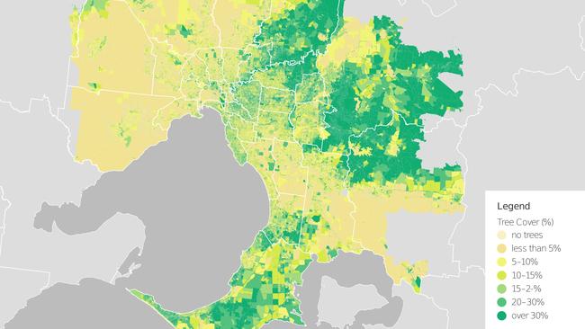 Tree canopy coverage is lower in northern and western suburbs of Melbourne.