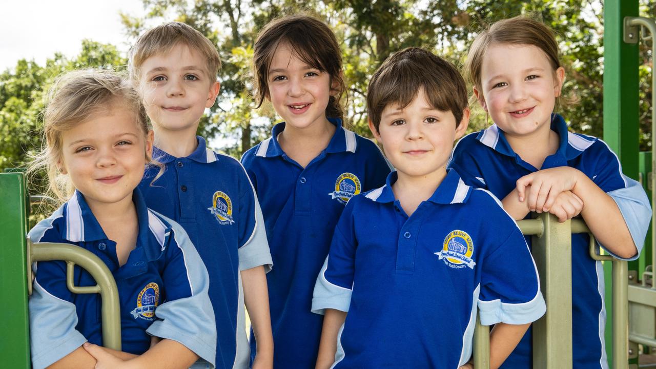 My First Year 2022: Emu Creek State School Prep students (from left) Bobbie, Finley, Lillyth, Hudson and Arly. Absent is Luke, Tuesday, March 1, 2022. Picture: Kevin Farmer