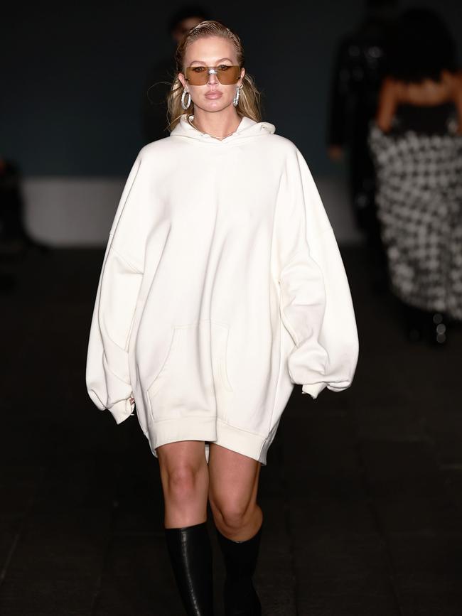 A model walks the runway for the Boohoo X Kourtney Kardashian fashion show. Picture: Arturo Holmes/Getty Images for NYFW: The Shows