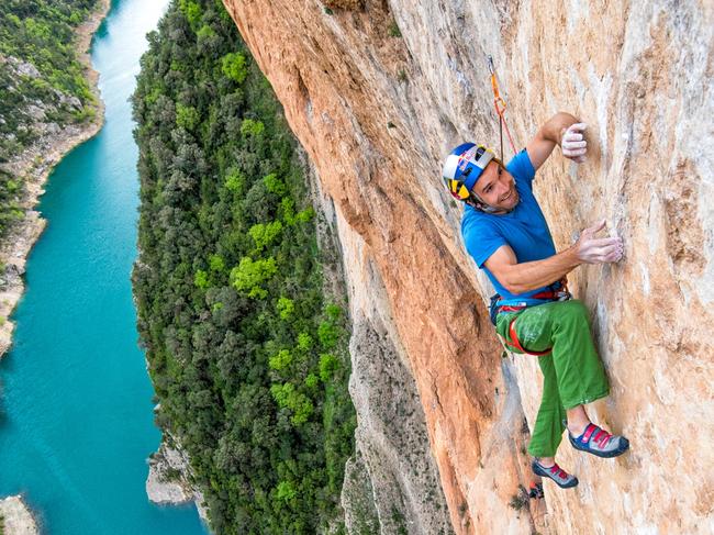 ONE TIME USE ONLY. Chris Sharma attempting pitch four, at around 8c, of his mega 250m multi-pitch project at Mont-rebei, Spain. Tentative pitch grades are 6c+, 9a, 8b, 8c, 8c, 7b, 8c+. Picture: Simon Carter