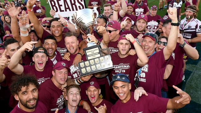 Burleigh Bears players celebrate the Intrust Super Cup grand final win.