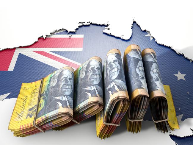 The shape of the country of Australia in the colours of its national flag recessed into an isolated white surface with a wad of folded Australian Dollar notes resting on it; ; superannuation saving generic