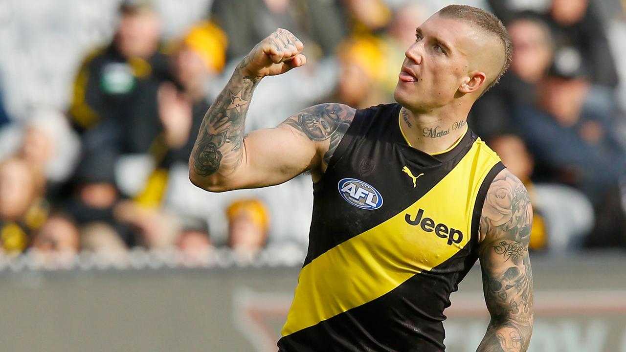 Richmond’s Dustin Martin celebrates one of his six goals against Brisbane. (Photo by Darrian Traynor/Getty Images)