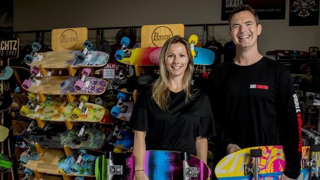 Gold Coast-founded Skate Connection has been included in the first Remarkable Retailers report. Pictured are Skate Connection’s Shelley Hedley and Brett Vowles. Picture: Jerad Williams