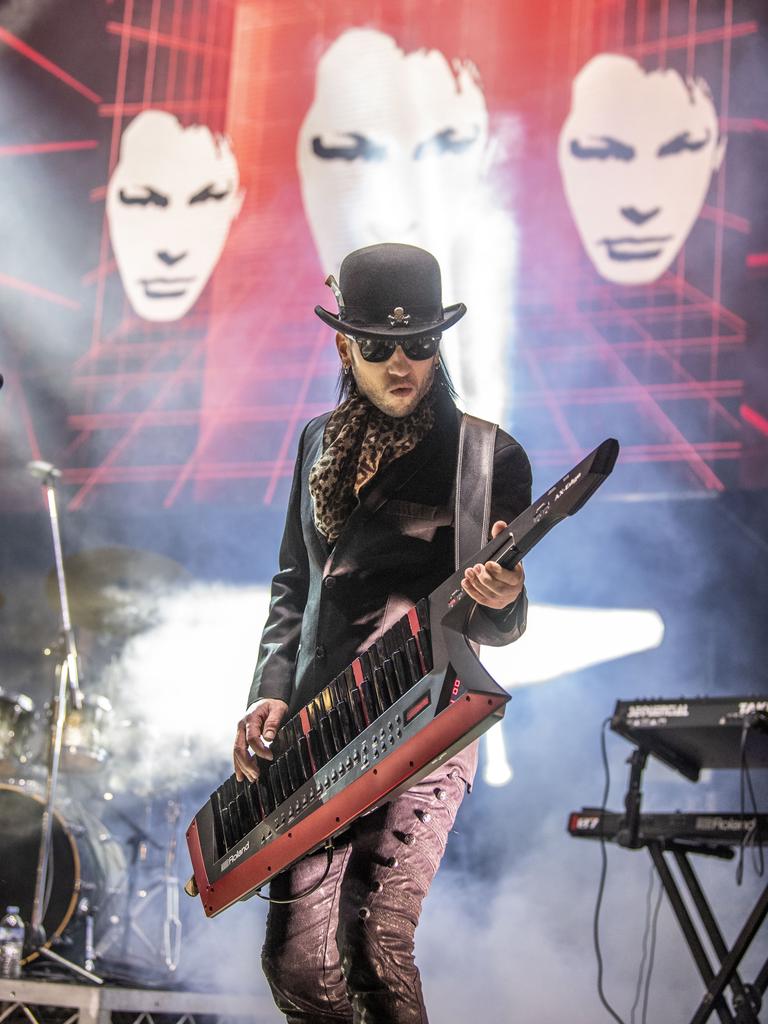Matty Ray from Pseudo Echo plays keytar at the Toowoomba Carnival of Flowers Festival of Food and Wine. Saturday, September 10, 2022. Picture: Nev Madsen.