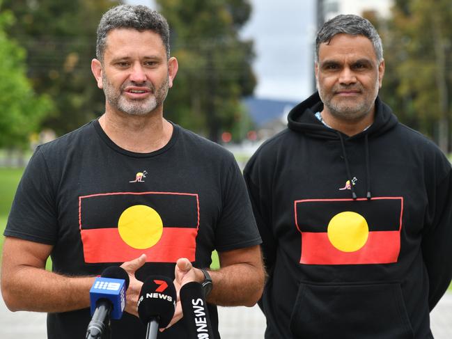 15/10/23. Aboriginal Affairs Minister Kyam Maher and Commissioner for first nations Voice Dale Agius regarding the referendum result at Victoria Square. Picture: Keryn Stevens