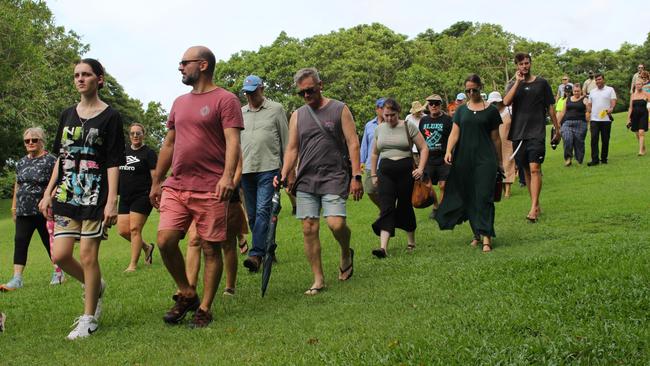 Samara Laverty leads a memorial walk around the Jingili Water Gardens ahead of the one-year anniversary of her son Declan's alleged murder. Picture: Jason Walls