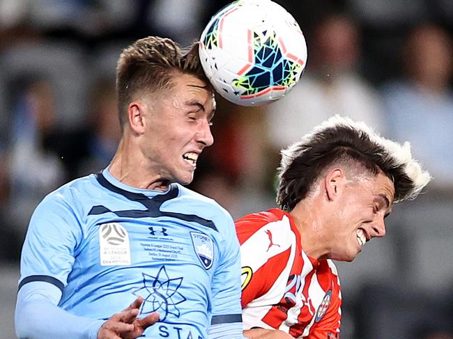 SYDNEY, AUSTRALIA - AUGUST 30: Joel King of Sydney FC heads the ball during the 2020 A-League Grand Final match between Sydney FC and Melbourne City at Bankwest Stadium on August 30, 2020 in Sydney, Australia. (Photo by Cameron Spencer/Getty Images)