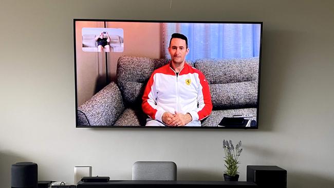 Chris Griffith chats with fellow tech journalist Geoff Quattromani using Facebook Portal TV, which enables Facebook Messenger video on living room TVs.