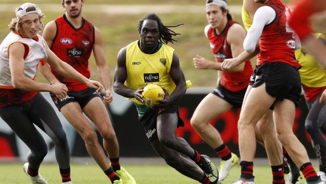 Essendon’s Anthony McDonald-Tipungwuti, at a team training session yesterday.