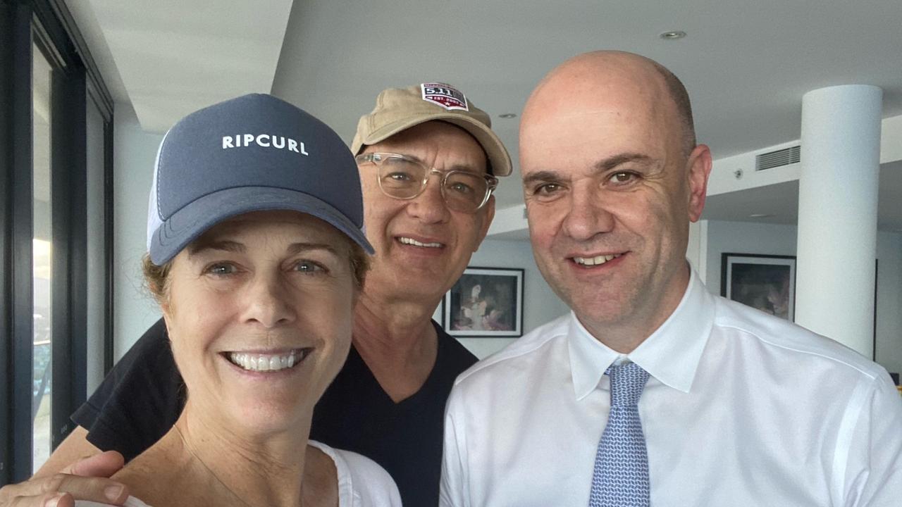 Dr John Gerrard with Rita Wilson and Tom Hanks after Gerrard, then the director of infectious diseases at the Gold Coast University Hospital, treated the couple for Covid-19 .