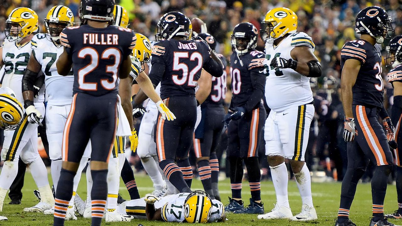 This file photo taken on September 27, 2017 shows Davante Adams #17 of the Green Bay Packers as he lays on the field after being injured in the third quarter against the Chicago Bears.