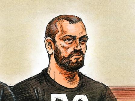 Court Sketch of Gibson-Burrell who faced Melbourne Magistrates’ Court charged over dozens of graffiti tags. Picture: Paul Tyquin