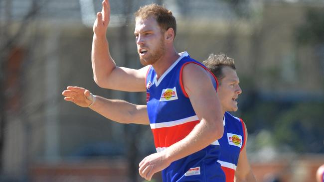 EDFL football: Strathmore V Keilor at Lebanon Reserve, Strathmore. Keilor in blue jumpers.  No 8 Andrew Browne goals for Keilor. Picture: Lawrence Pinder