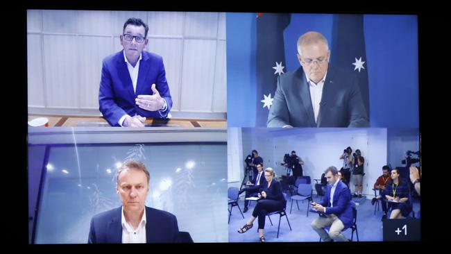 Victorian Premier Daniel Andrews, and Prime Minister Scott Morrison hold a virtual doorstop for the media in Melbourne, Victoria. Picture: NCA NewsWire / Daniel Pockett