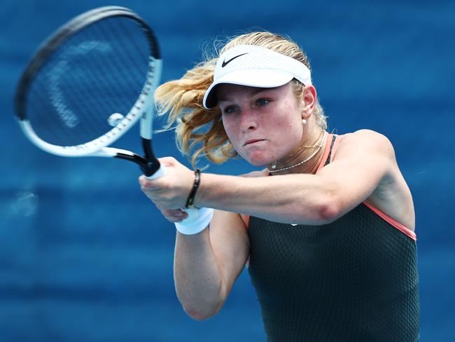 Emerson Jones competes in her International Tennis Federation (ITF) Cairns Tennis International quarterfinal match at the Cairns International Tennis Centre. Picture: Brendan Radke