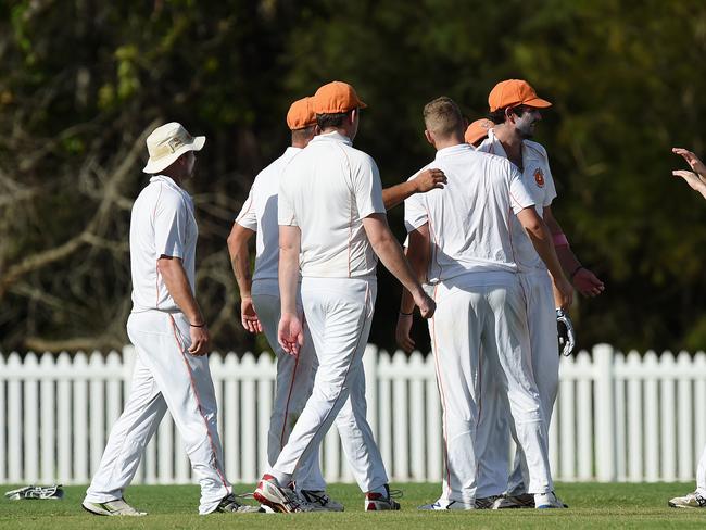 Kookaburra Cup cricket - Southport Labrador vs. Runaway Bay at Morrie Glasman Oval in Arundel. Runaway players celebrate after batsman Wade Kilborn is caught. Picture: Lawrence Pinder