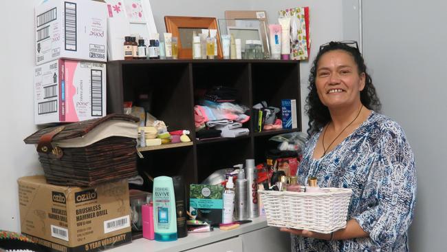 Gayle Joyce, with supplies given to victims of domestic violence, Gayle closes her cafe Poetic Justice every Monday to volunteer at the shed. Picture Jason Katsaras