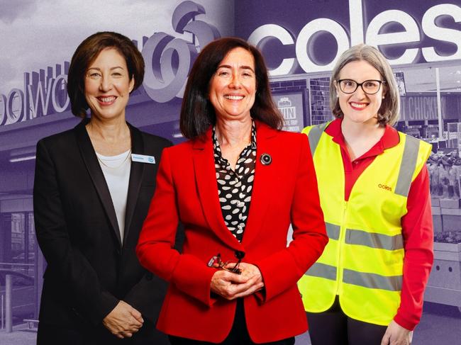 Digital mock-up of Woolworths CEO Amanda Bardwell (left), ACCC chair Gina Cass-Gottlieb and Coles CEO Leah Weckert [4x3]